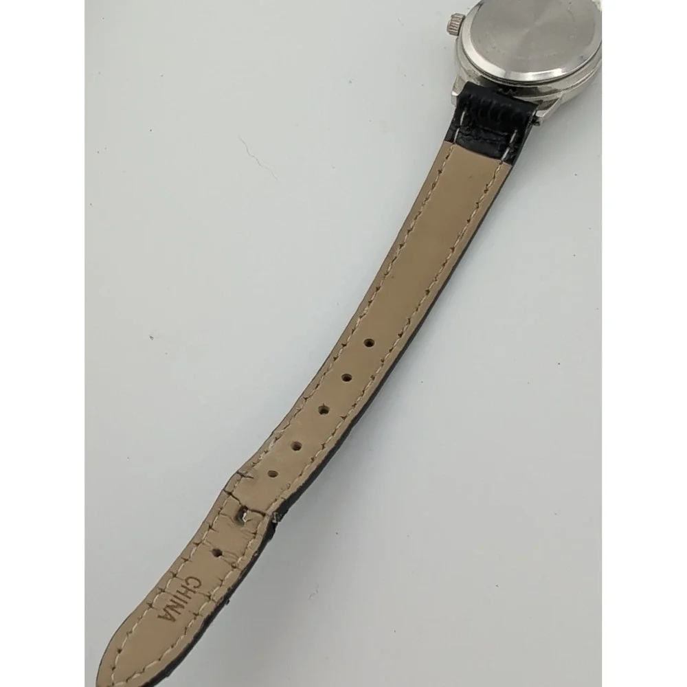 Women's Watch 23mm Silver Case Black Faux Leather Band- New Battery